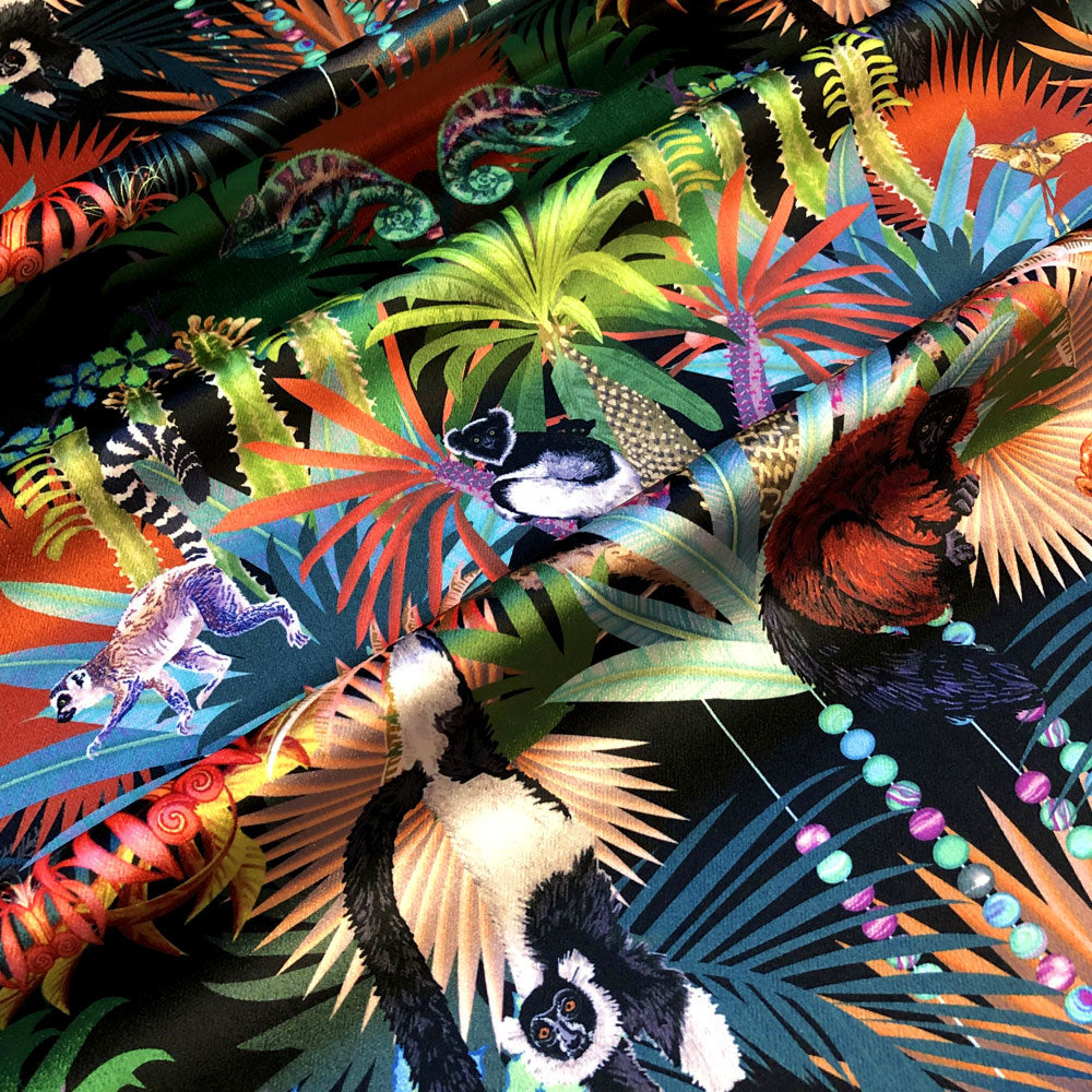 Bold, Colourful Patterned Furnishing Velvet Fabric with wildlife of Madagascar