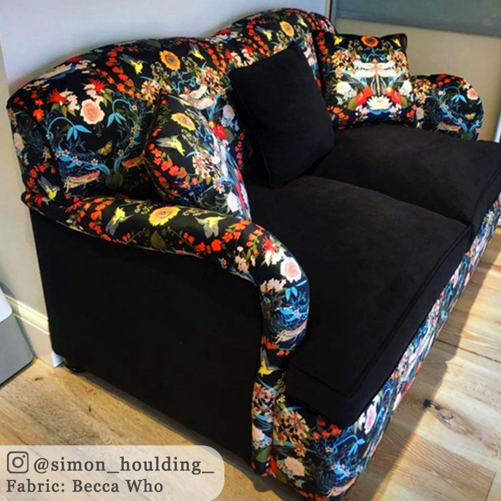 Colourful Patterned Velvet Upholstery Fabric by Designer, Becca Who, on Sofa Bed