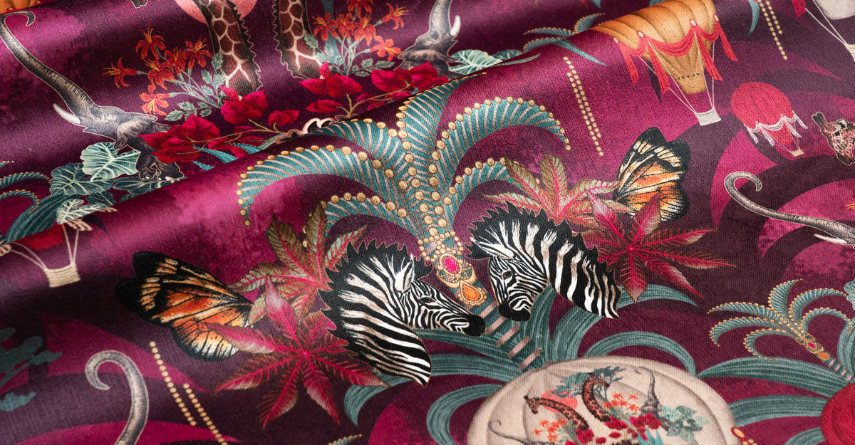 Colourful Safari Animal Velvet Fabric for Upholstery and Curtains by Designer, Becca Who