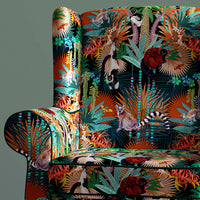 Colourful, Bold Upholstery Fabric with Tropical Pattern on Armchair by Designer, Becca Who