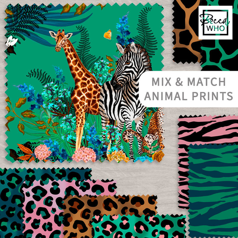 Coordinating Furnishing Fabrics by Designer, Becca Who for Mix & Match Colourful Animal Prints with Green