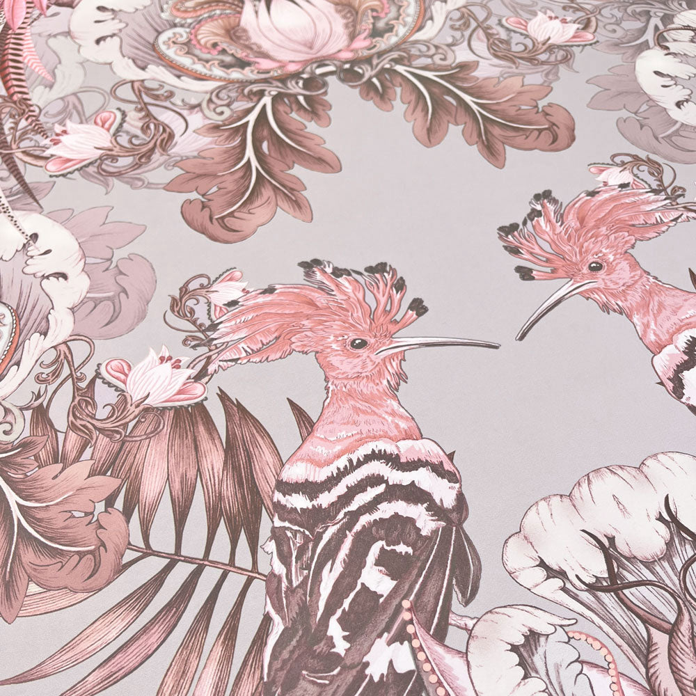 Coral Pink Statement Birds Floral Wallpaper for Luxury Interiors by Designer, Becca Who