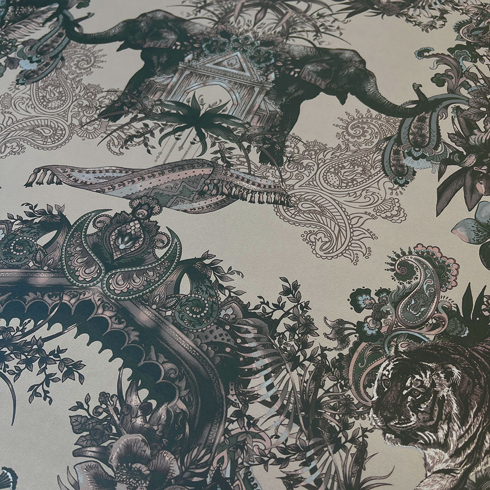 Grey Silver Statement Feature Wallpaper with Indian Pattern by Designer Becca Who 
