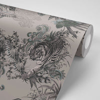 Statement Designer Wallpaper in Antique Silver with Indian Pattern & Wildlife by Becca Who