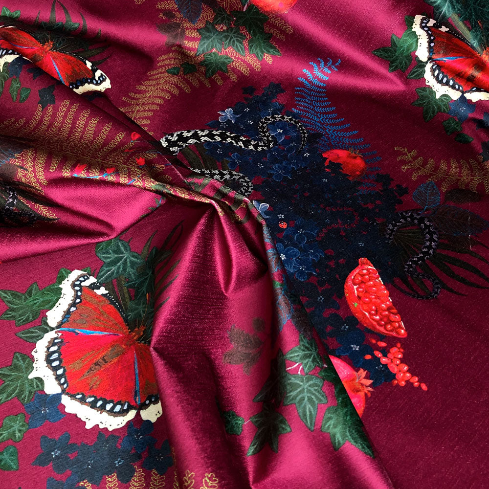 Bold Patterned Crimson Velvet Fabric for Upholstery and Soft Furnishings by Designer, Becca Who