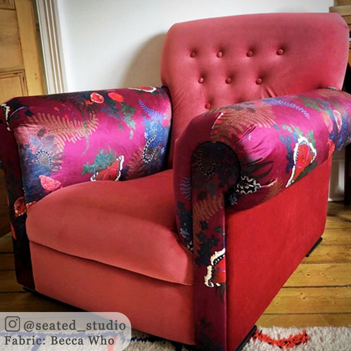 Dark Pink Claret Velvet Fabric by Designer, Becca Who on upholstered armchair 