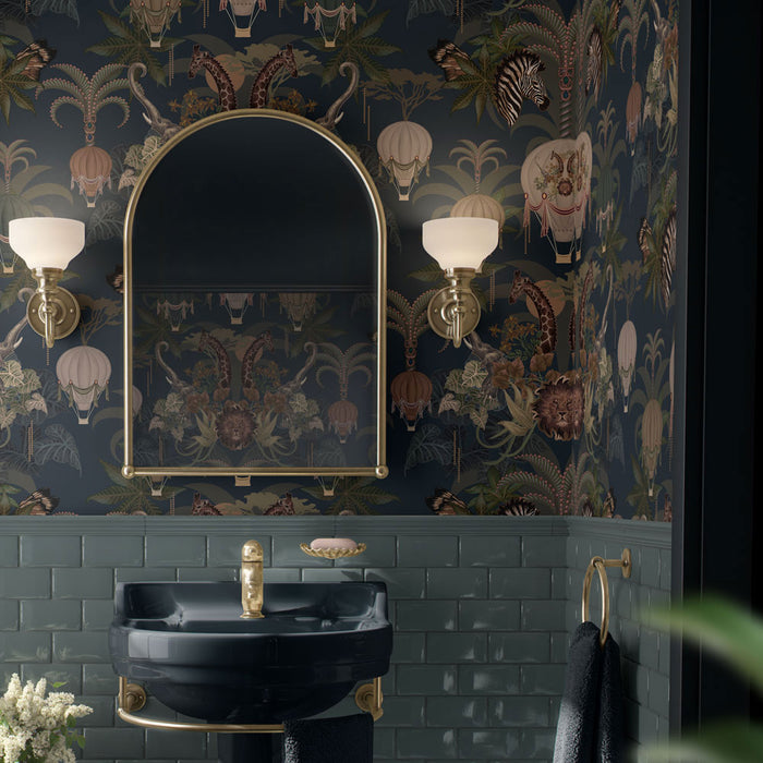 Dark Blue Patterned Designer Wallpaper with African Animals Bathroom Decor Becca Who UK