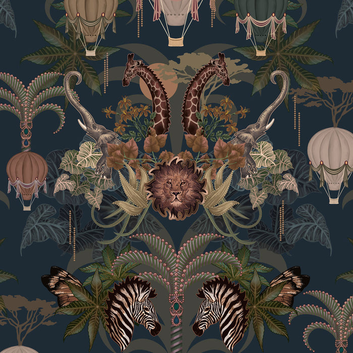 Dark Blue African Animals Luxury Wallpaper for Maximalist Decor by UK Designer, Becca Who