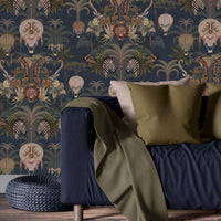 Deep Blue Living Room Wallpaper with African Animals