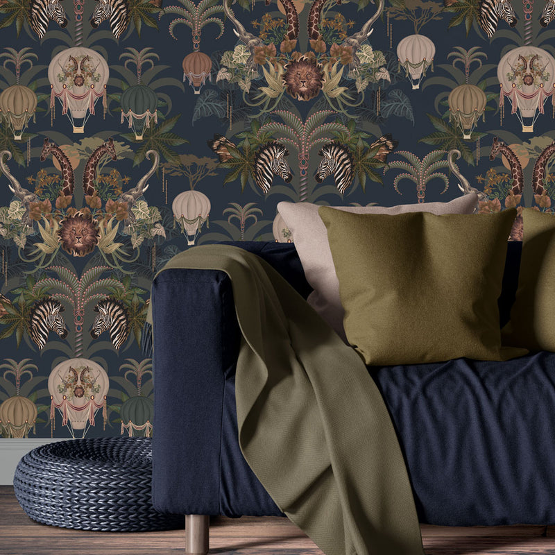 Deep Blue Living Room Wallpaper with African Animals
