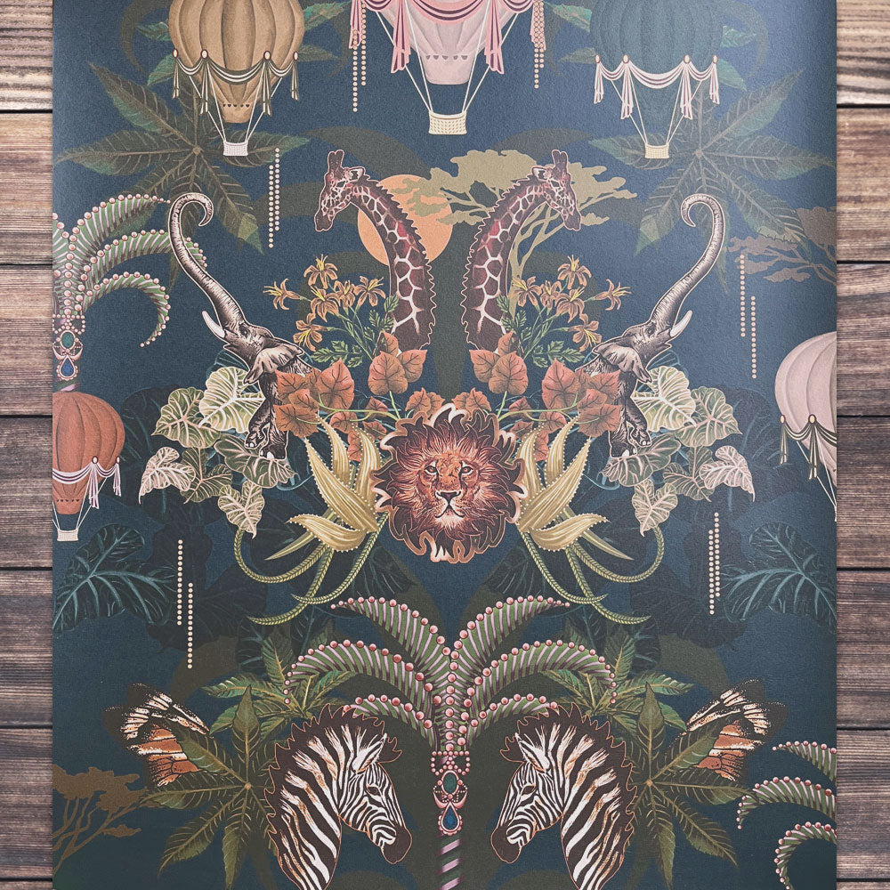 Dark Blue Bold African Animals Wallpaper by Designer, Becca Who