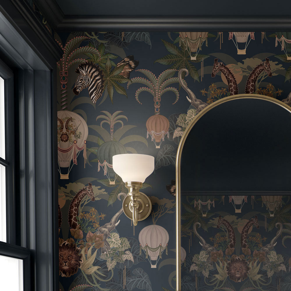 Dark Blue Patterned Designer Wallpaper with African Animals Luxury Decor Becca Who