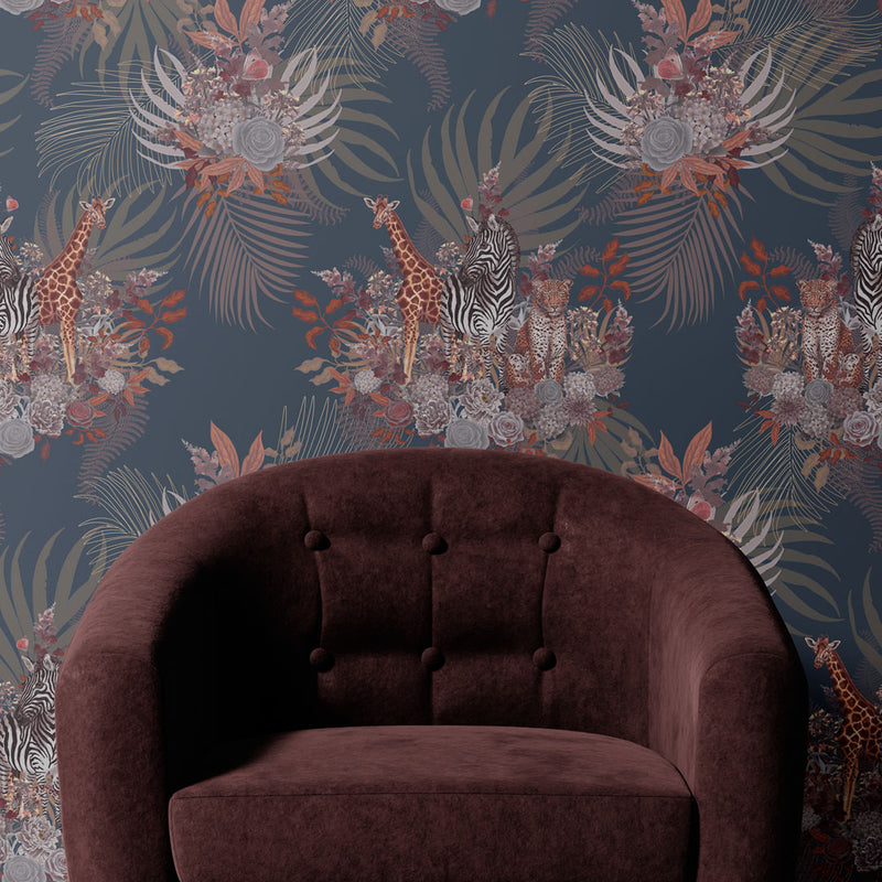 Deep Blue Statement Designer Wallpaper with African Animals by Becca Who 