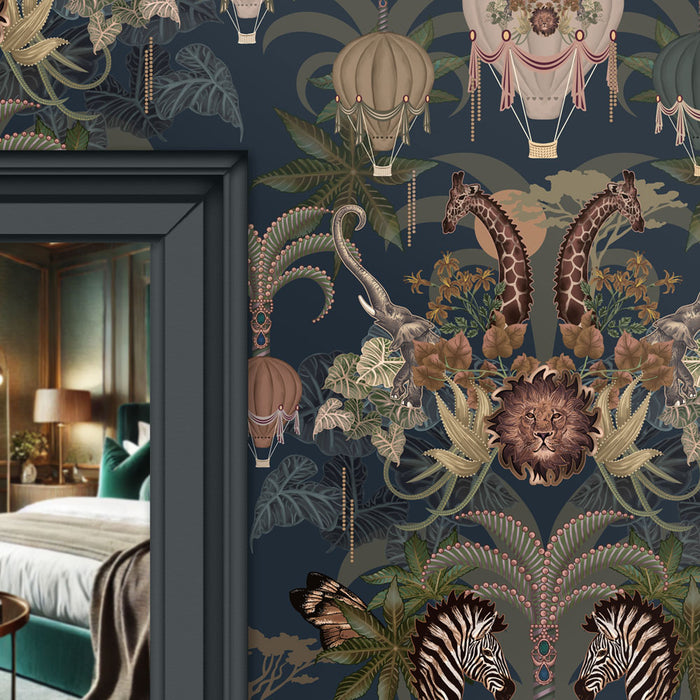 Dark Blue African Animals Wallpaper by Designer, Becca Who