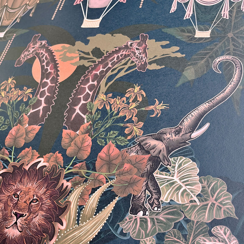 Dark Blue Patterned African Animals Wallpaper by Designer, Becca Who