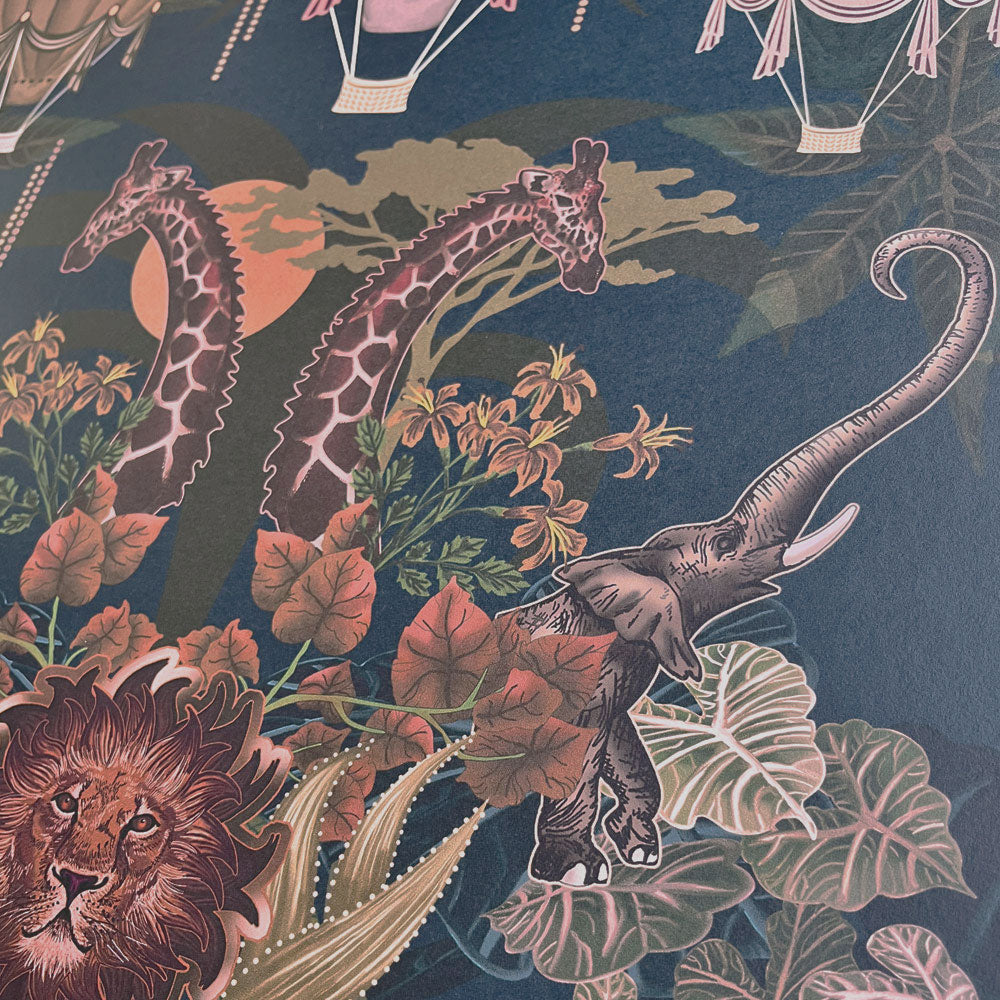 Dark Blue Patterned African Animals Wallpaper by Designer, Becca Who