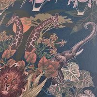 Dark Blue Patterned African Animals Wallpaper by Designer, Becca Who