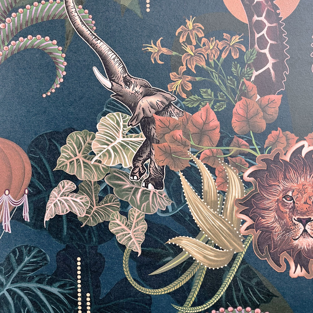 Dark Blue African Animals Statement Wallpaper by Designer, Becca Who