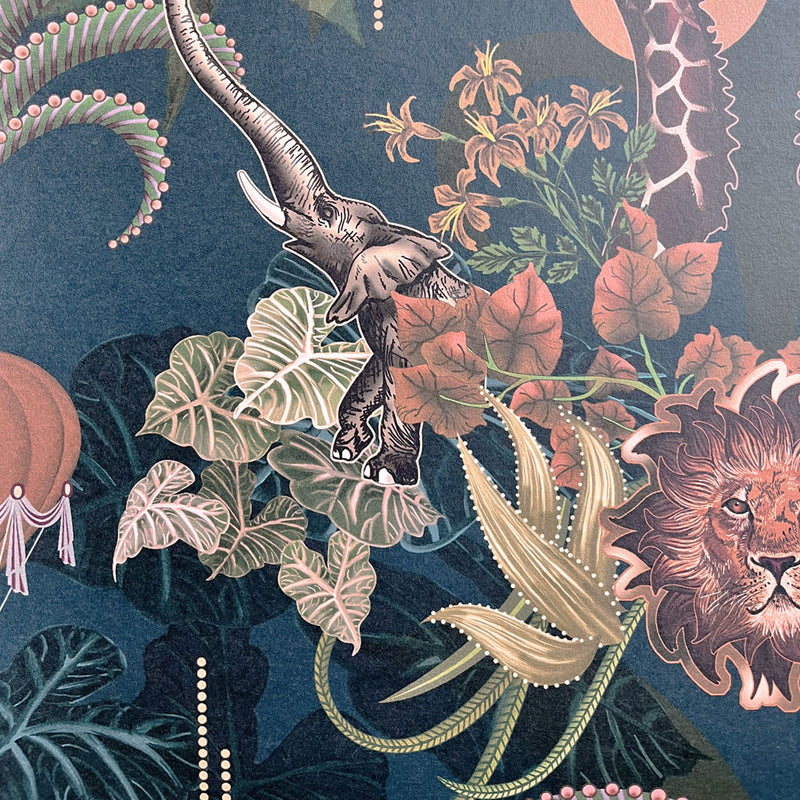 Dark Blue African Animals Statement Wallpaper by Designer, Becca Who