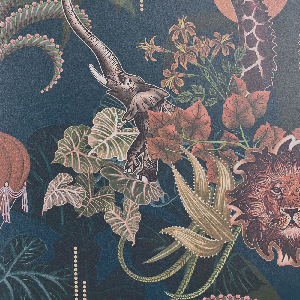 Dark Blue African Animals Statement Wallpaper by Designer, Becca Who