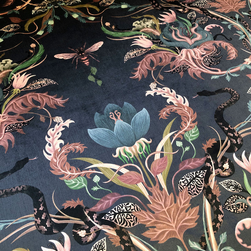 Blue and Pink Patterned Velvet Fabric with Snakes by Designer, Becca Who
