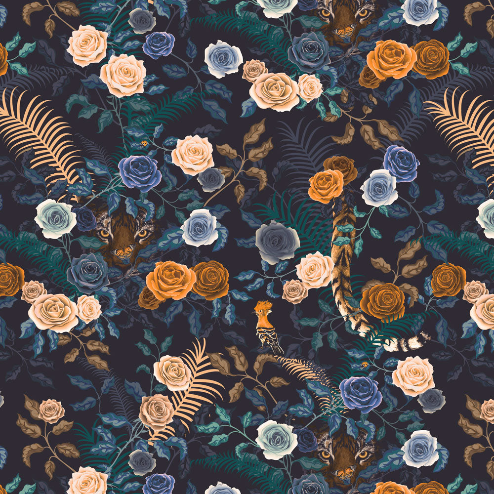 Dark Blue Floral with Mustard and Bengal Tigers by UK Designer Becca Who