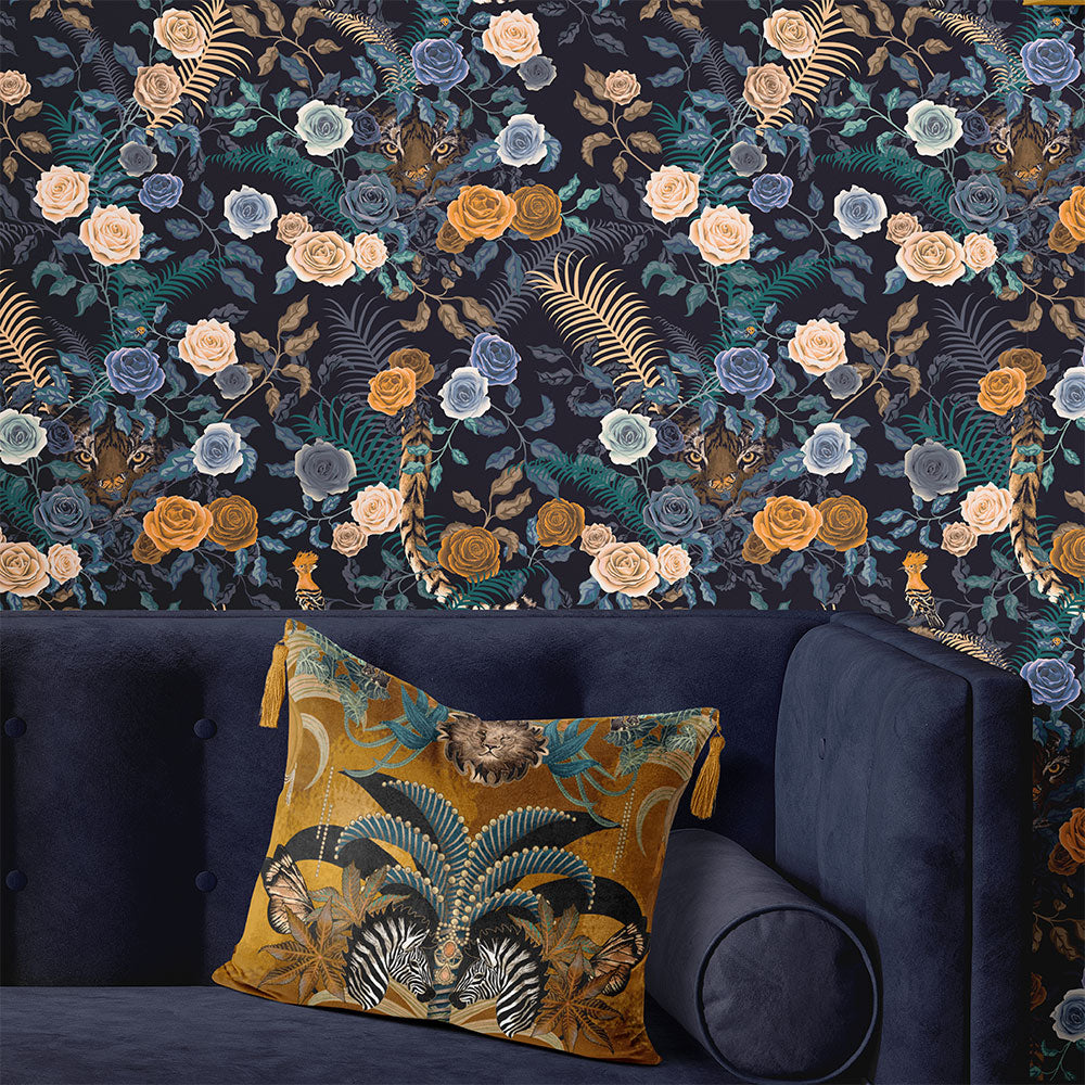 Dark Blue Floral living room Wallpaper by Designer, Becca Who