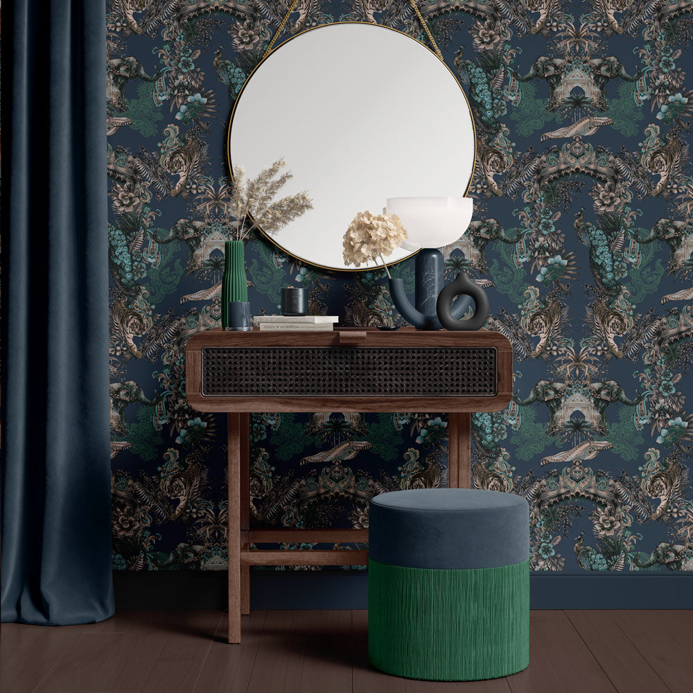 Dark Blue Luxury Wallpaper with Indian Pattern by Designer Becca Who