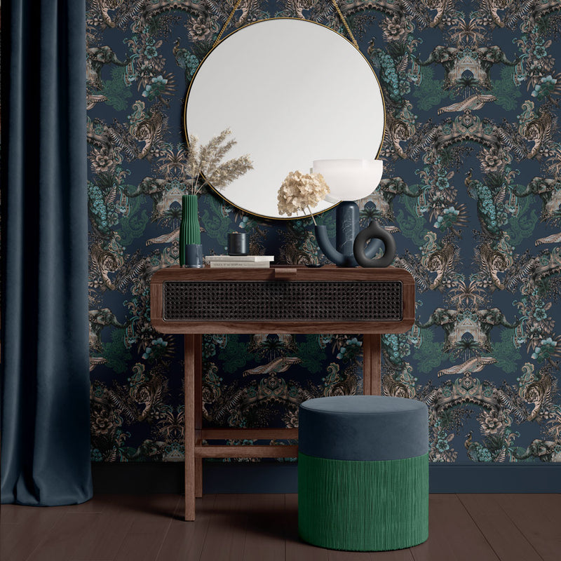 Dark Blue Luxury Wallpaper with Indian Pattern by Designer Becca Who