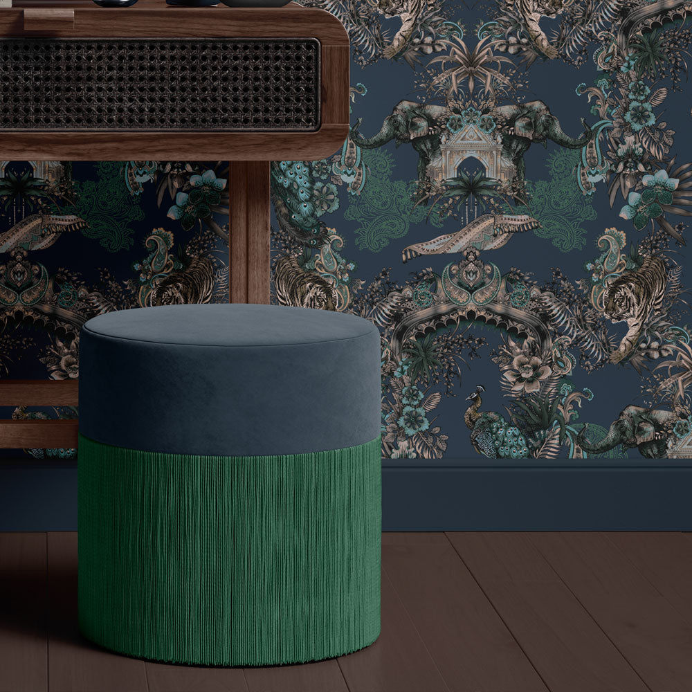 Dark Blue Luxury Bedroom Wallpaper with Indian Pattern by Becca Who