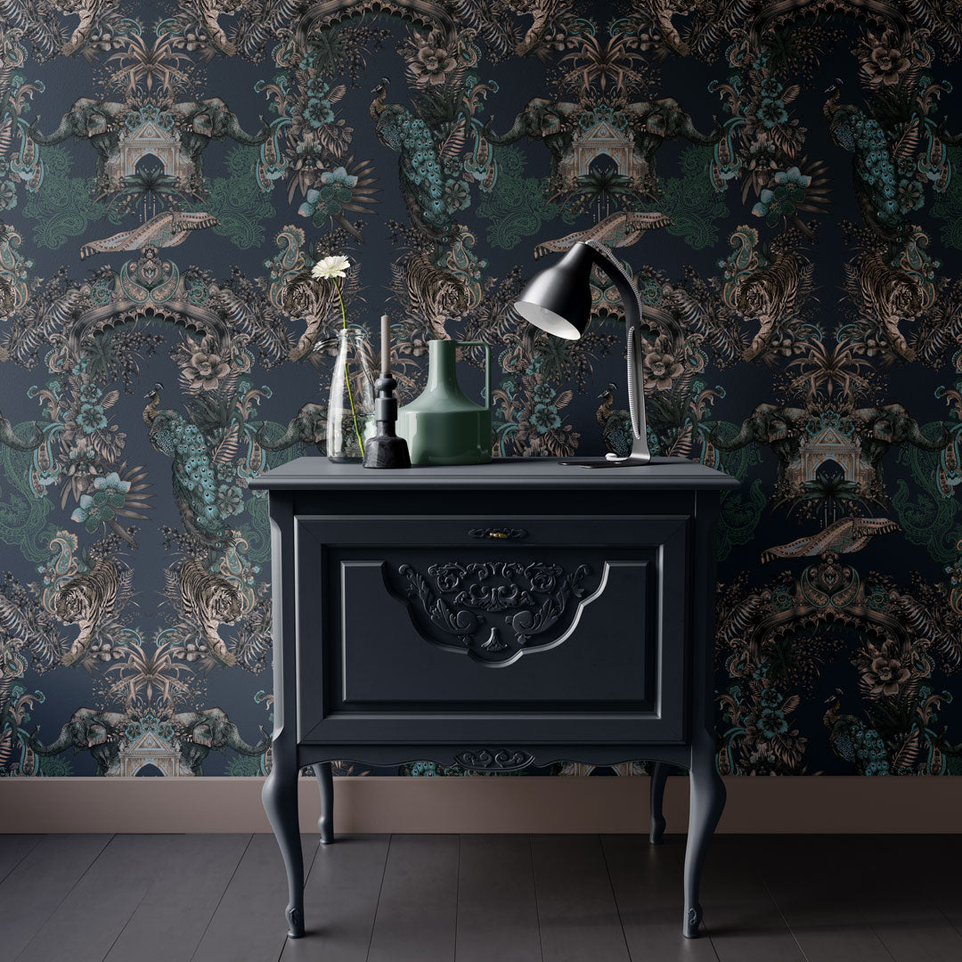 Dark Blue Indian Patterned Wallpaper by Designer, Becca Who