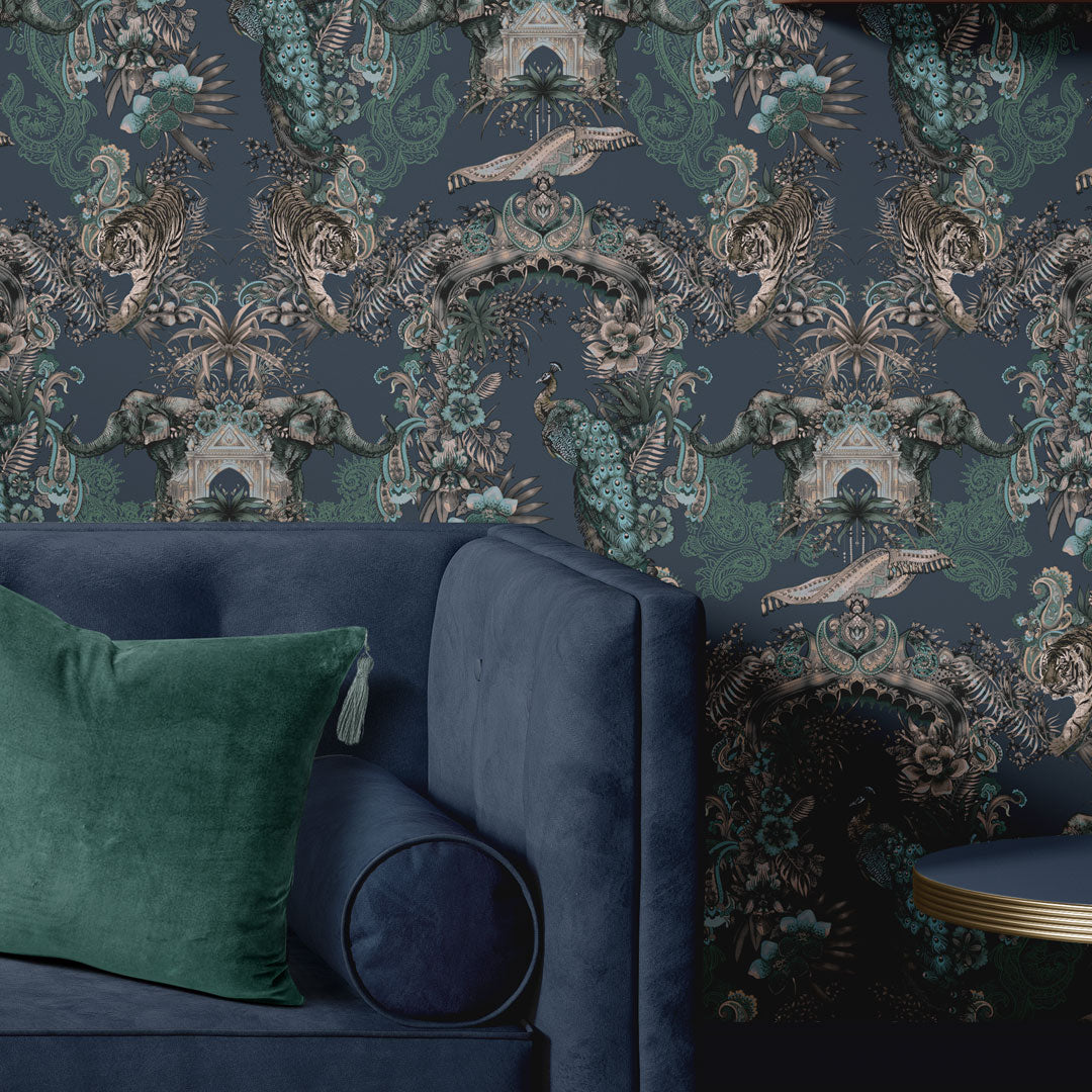 Dark Blue Indian Patterned Designer Wallpaper by Becca Who