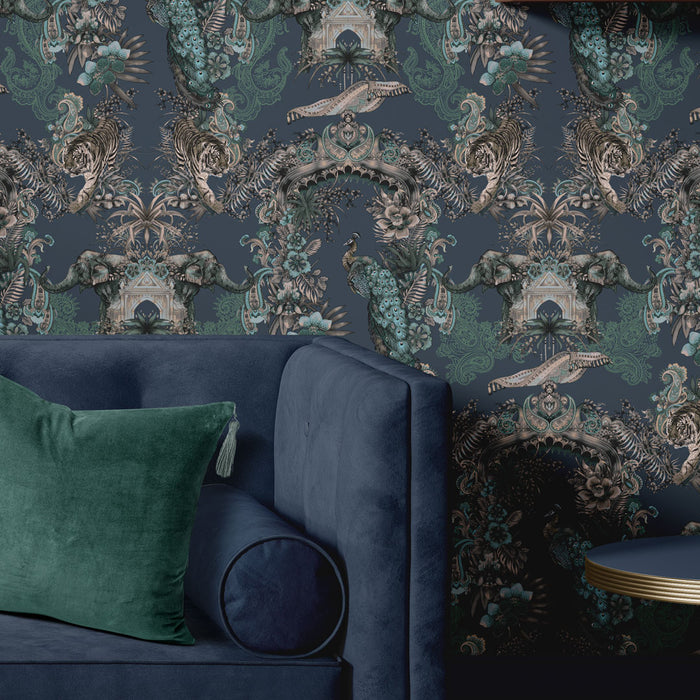 Dark Blue Indian Patterned Designer Wallpaper by Becca Who