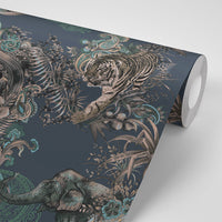 Dark Blue Indian Wildlife Patterned Designer Wallpaper by Becca Who