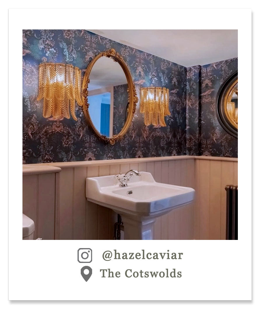 Dark Blue Indian Patterned Luxury Wallpaper in Bathroom by UK Designer, Becca Who