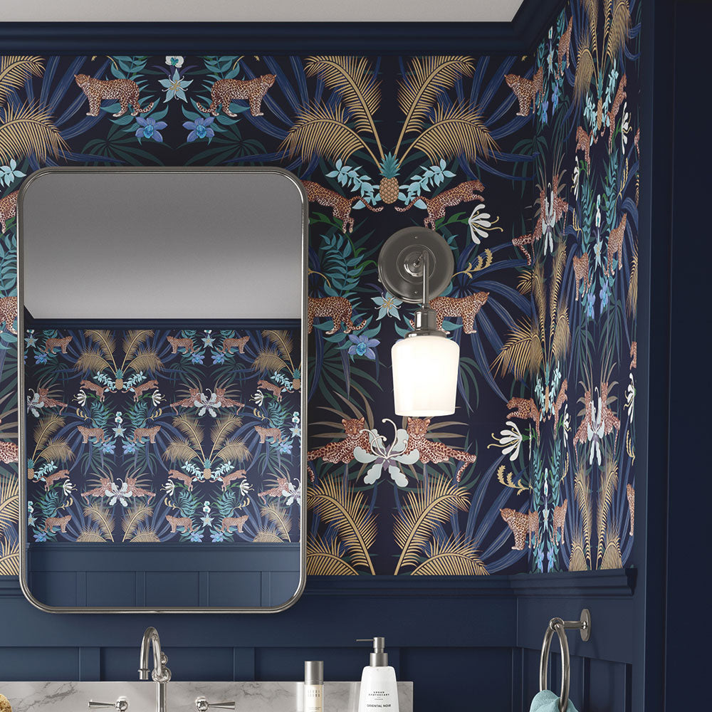 Dark Blue Leopards Bold Statement Wallpaper by British Designer, Becca Who