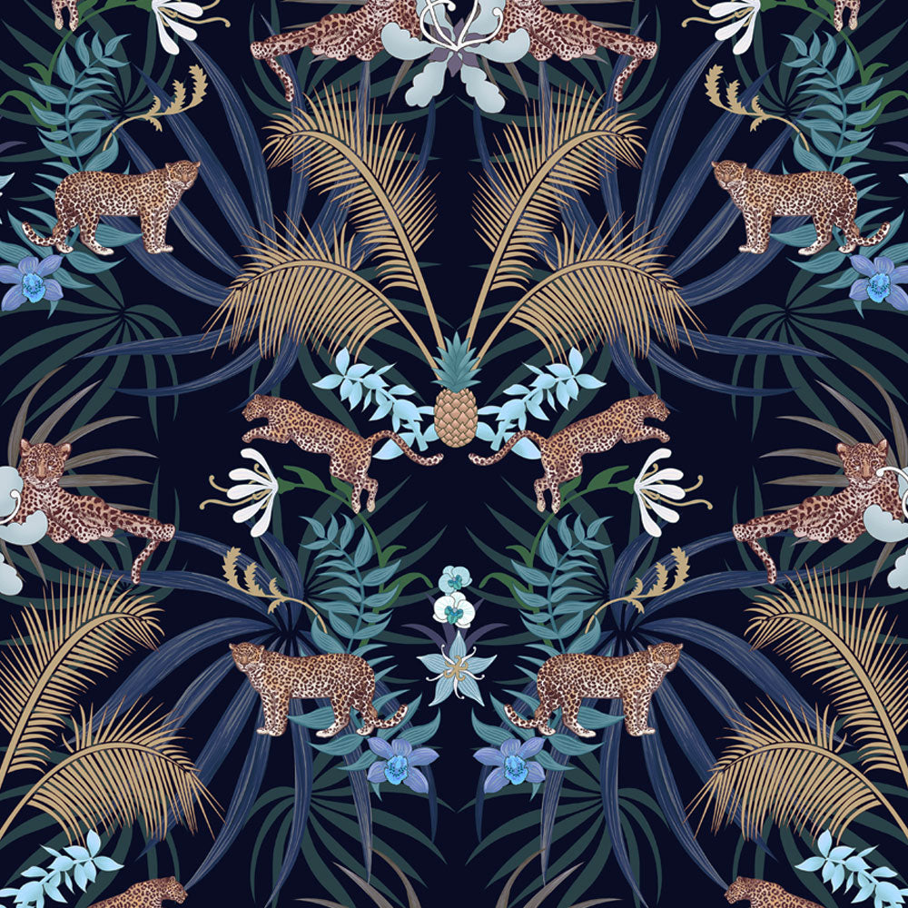 Dark Blue Leopards Bold Statement Wallpaper by British Designer, Becca Who