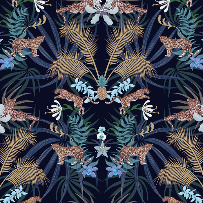 Dark Blue Leopards Bold Statement Wallpaper by British Designer, Becca Who