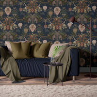 Deep Blue Living Room Wallpaper with African Animals by Designer, Becca Who