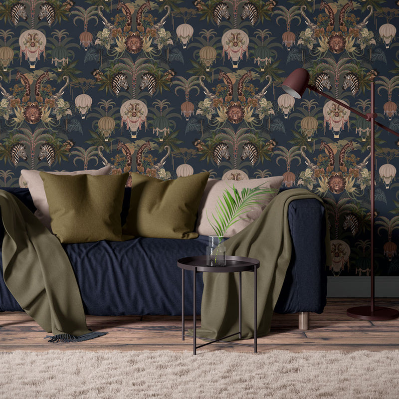 Deep Blue Living Room Wallpaper with African Animals by Designer, Becca Who