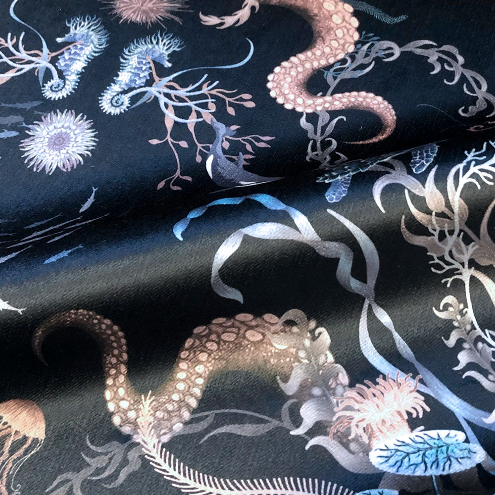Dark Blue Ocean Patterned Velvet Fabric for Upholstery and Curtains by Designer, Becca Who