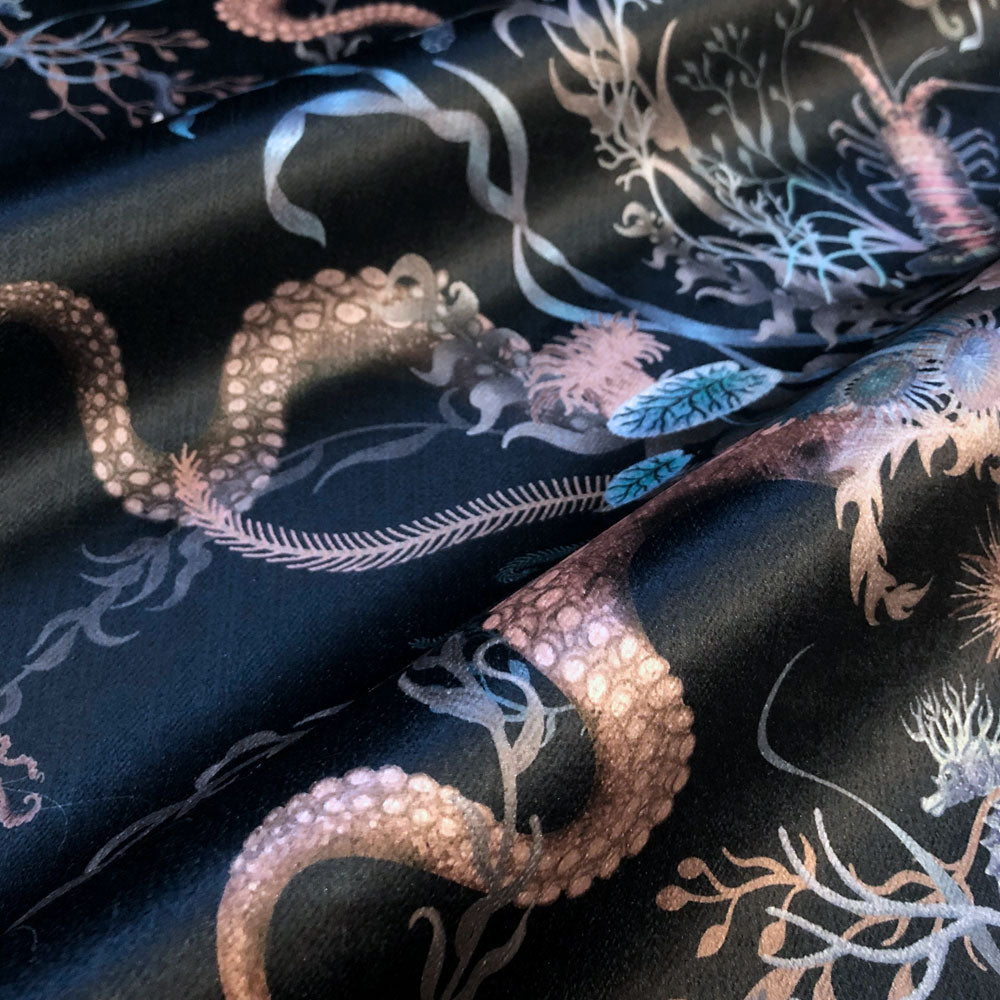Dark Blue Ocean Patterned Velvet Fabric for Coastal Interiors by Designer, Becca Who