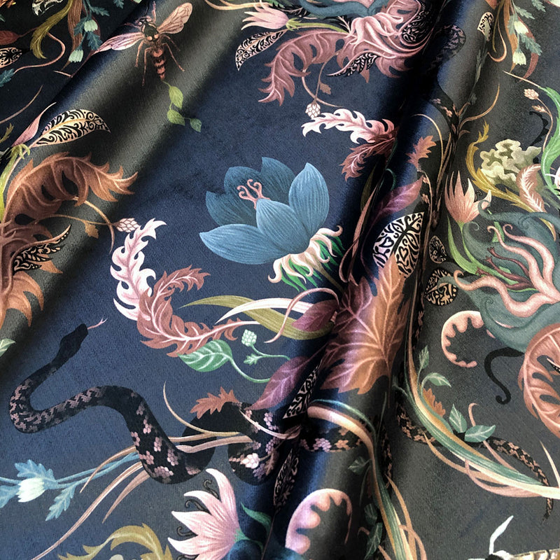 Dark Blue and Blush Pink Snakes Patterned Velvet Fabric for Upholstery, Curtains and Soft Furnishings by Designer, Becca Who