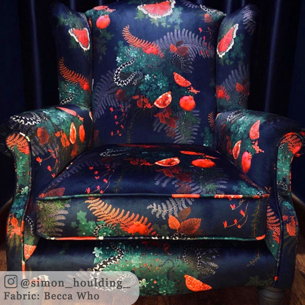 Dark Blue Snakes Pattern Velvet Upholstery Fabric by Designer, Becca Who, on Armchair