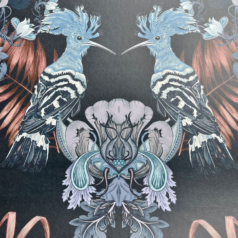 Dark Blue Statement Wallpaper with Birds for Luxury Home Decor by UK Designer, Becca Who