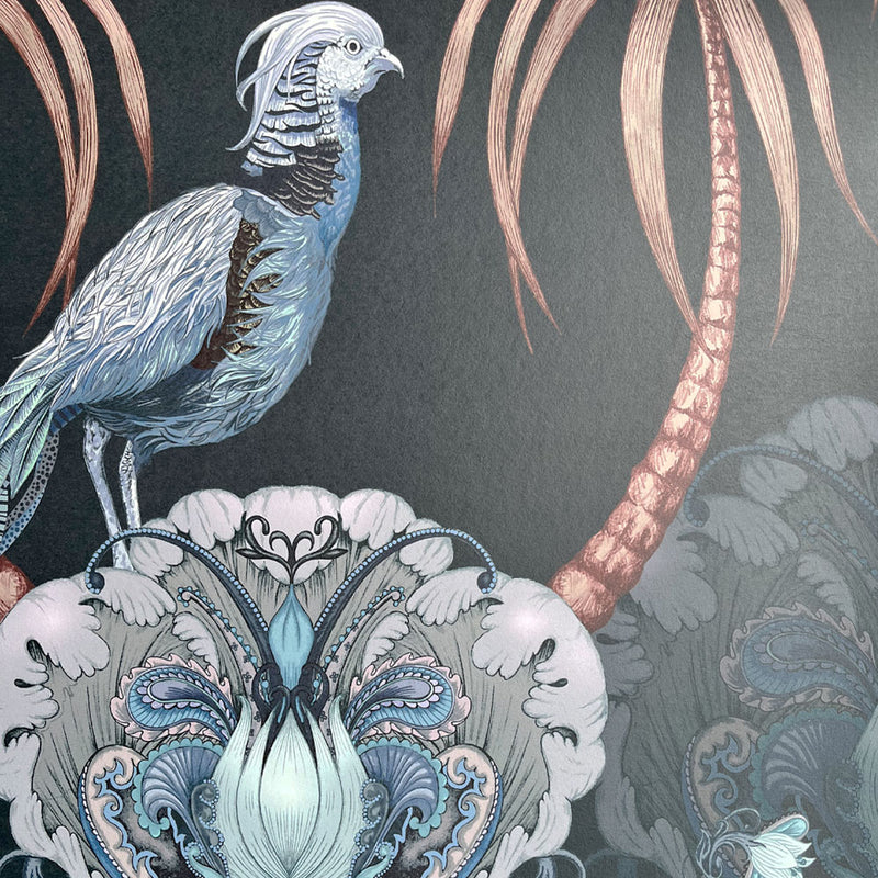 Dark Blue Statement Wallpaper with Birds for Luxury Home Decor by UK Designer, Becca Who