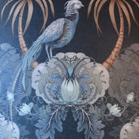 Dark Blue Statement Wallpaper with Birds for Luxury Home Decor by UK Designer, Becca Who