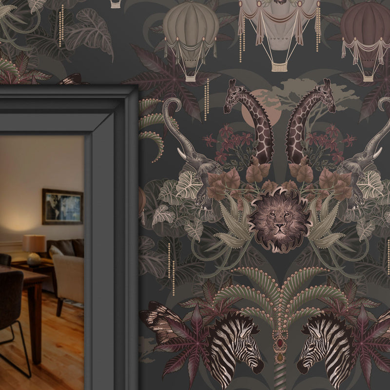 Statement Wallpaper with African Animals in Rich Charcoal & Gold by Designer Becca Who