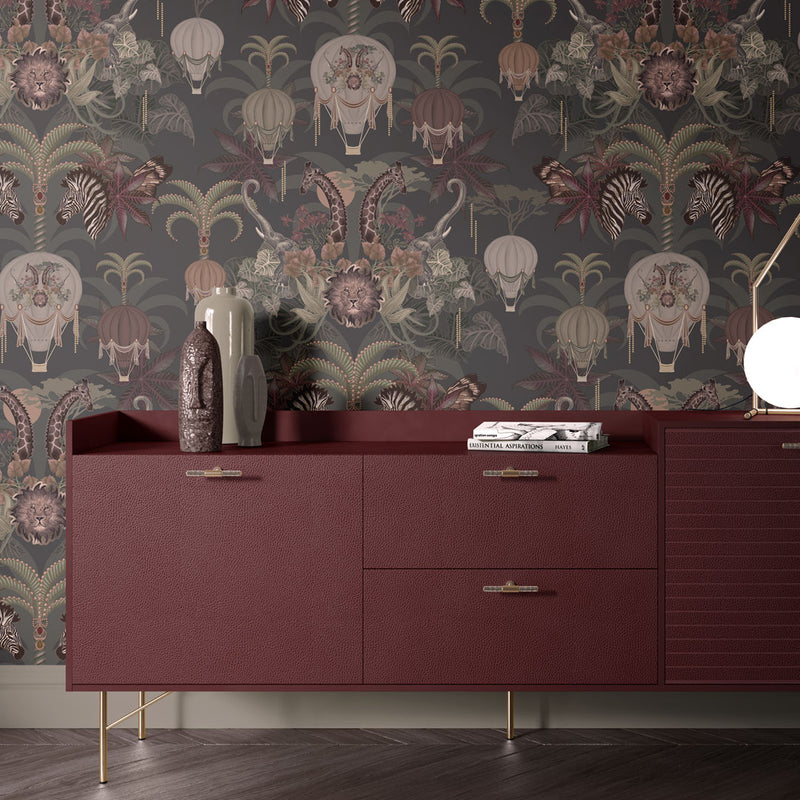 Statement Luxury Wallpaper with African Animals in Rich Charcoal & Earthy Tones by Designer Becca Who