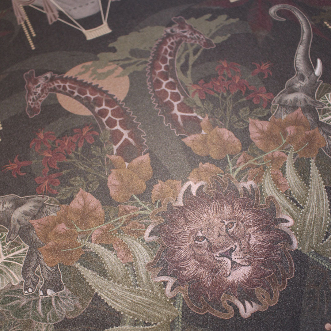 Statement Dark Wallpaper with African Animals in Rich Charcoal & Earthy Tones by Designer Becca Who